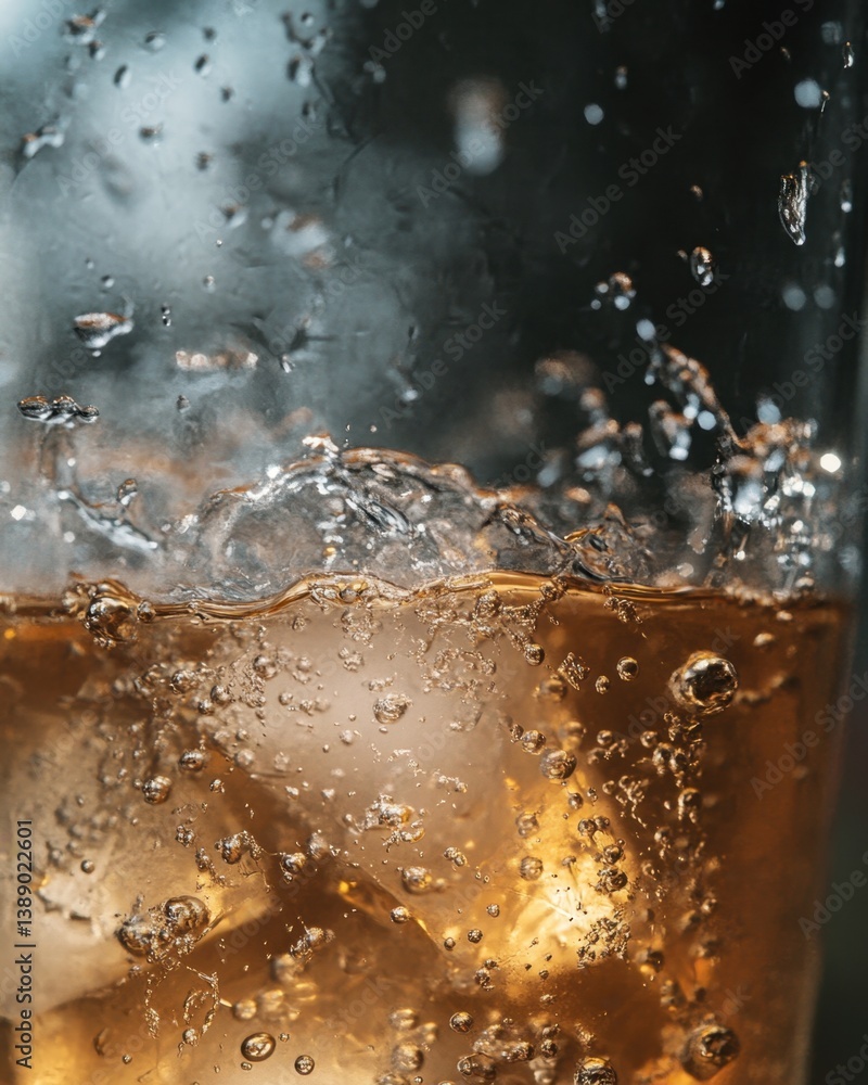 Poster refreshing amber beverage with ice cubes swirling in a glass creating a dynamic and inviting visual 
