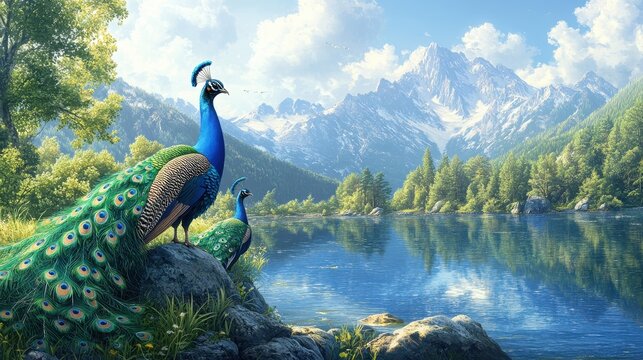 Majestic peacocks by serene mountain lake with lush forest and snowy peaks