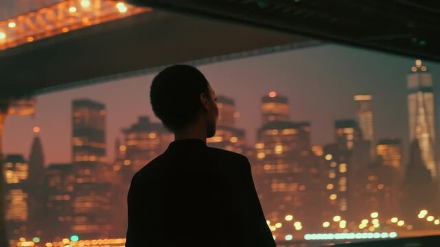 A poised leader tilts their chin slightly embodying determination and resilience. The ethereal backdrop features blurred outlines of grand bridges and notable landmarks resonating with