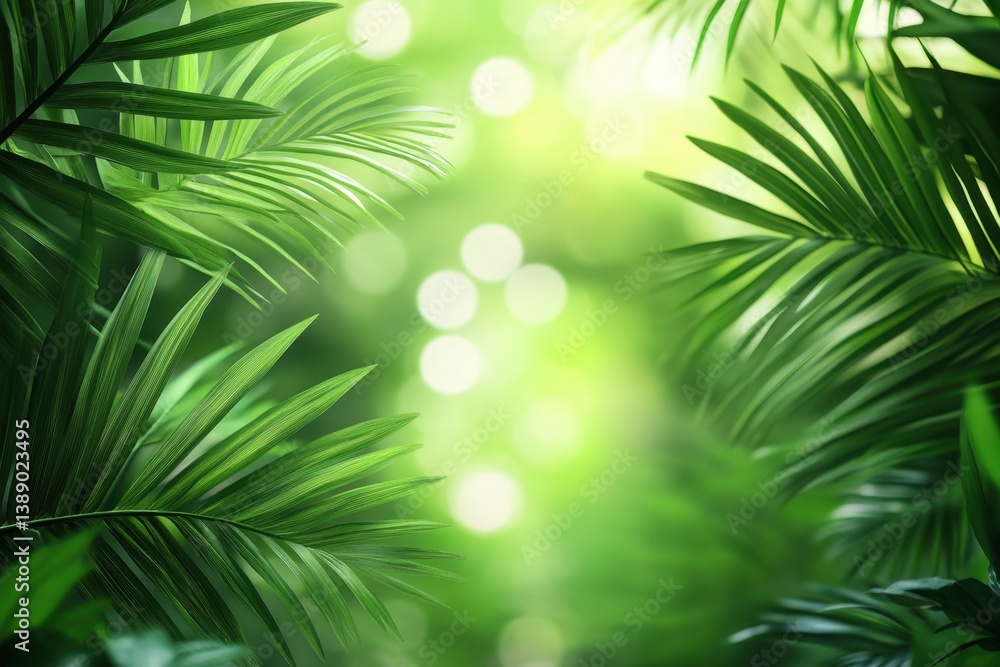 Poster lush tropical forest backdrop with vibrant green palm leaves and soft bokeh creating a serene and in