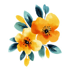 Vibrant watercolor flowers bloom softly warm yellow hues delicate teal leaves. AI Generated