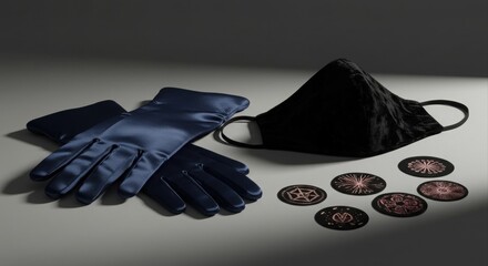 Elegant navy satin gloves and black velvet mask.