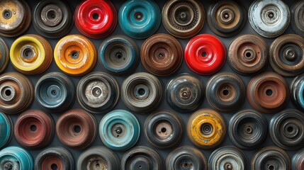 Colorful vintage spools pattern in rustic industrial design