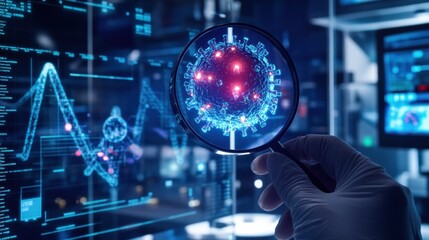 Close-up of a scientist examining a holographic virus structure in a futuristic lab setting with advanced technology