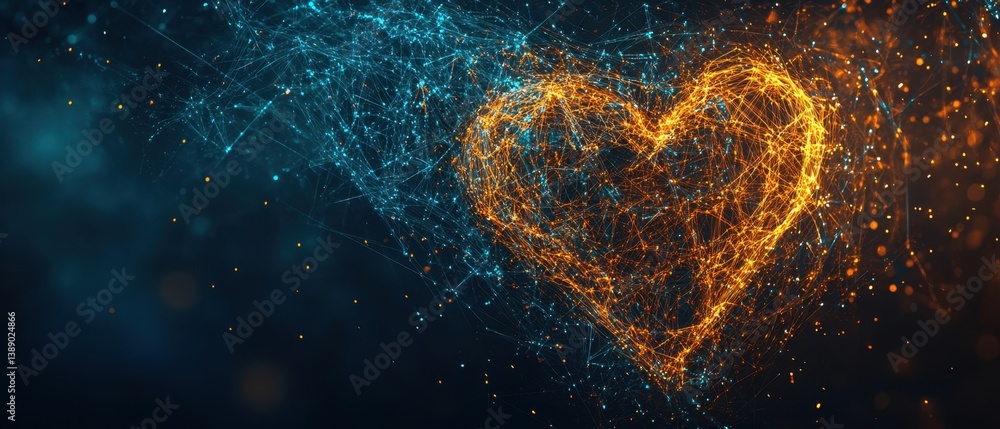 Poster abstract digital heart with glowing lines and dots on dark background representing love connection a