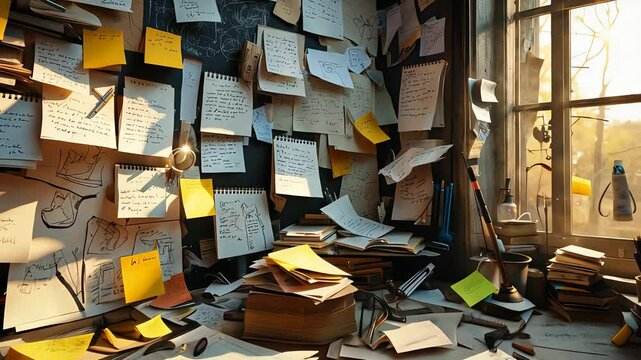 Messy desk covered with scattered notes, papers, and books, creating a chaotic yet creative workspace.

