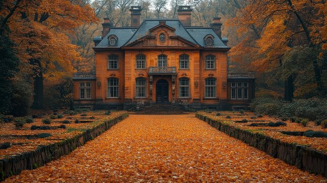 Mansion with brick facade framed by autumn trees and leaves
