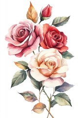 A Beautiful Watercolor Painting Depicting Several Roses and Green Leaves
