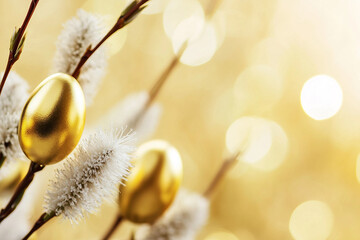 Obraz premium Golden Easter egg in soft nest with blooming willow branches in bright spring light, traditional paschal decor, Generative AI