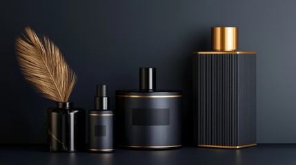 Elegant arrangement of dark cosmetic bottles and vases with decorative elements on a sleek surface