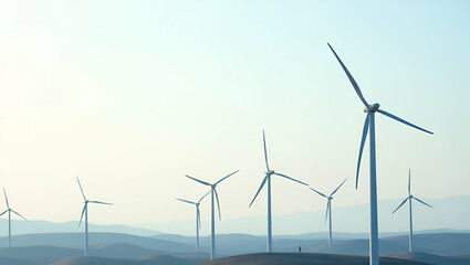 Obraz premium Elegant Minimalist Industrial Wallpaper Design: Wind Farm Motifs with Negative Space for Academic Overlays on Renewable Power Infrastructure and Turbine Technology Development
