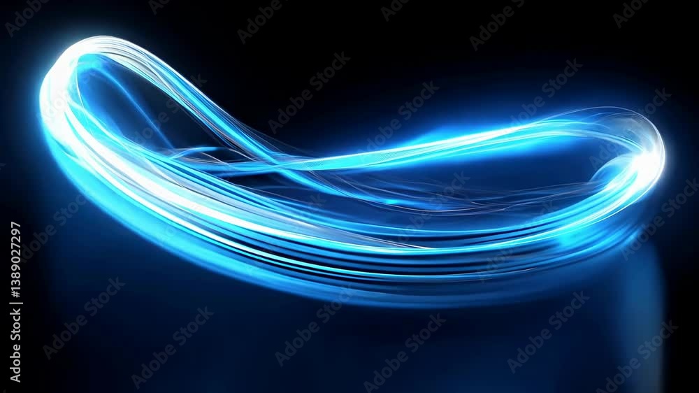 Poster dynamic swirl of blue light trails on a dark background, captured from a low-angle, creating a futur