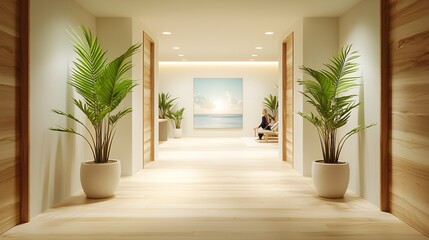 Bright and Modern Hallway with Plants and Beach Art Decoration