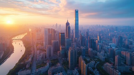 Obraz premium Stunning sunset over skyscrapers and river in modern cityscape