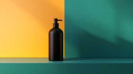 Elegant black bottle on a vibrant background with contrasting colors, showcasing minimalist design