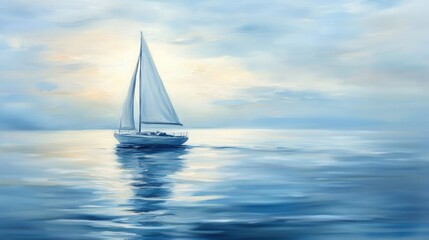 Obraz premium Beautiful white sailboat cruising on peaceful blue ocean waves at sunrise or sunset