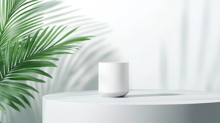 Minimalist white ceramic cup on a round table with lush green palm leaves in a bright setting