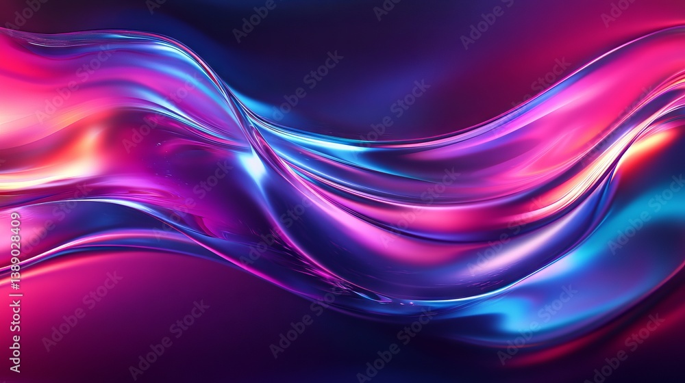Poster hypnotic 3d liquid glass wave with neon iridescent gradient flowing across a dark background in cont