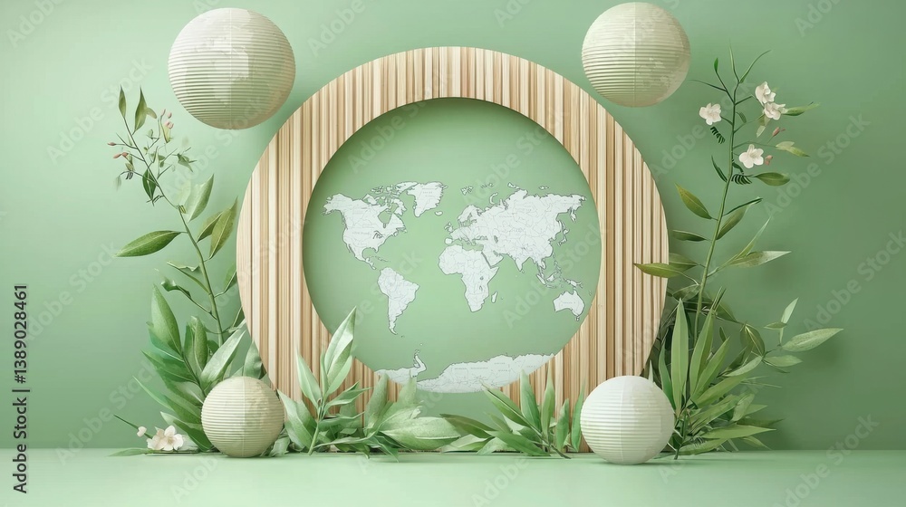 Poster Green wall with wooden frame and colorful paper lanterns creating a unique and inviting atmosphere in a room