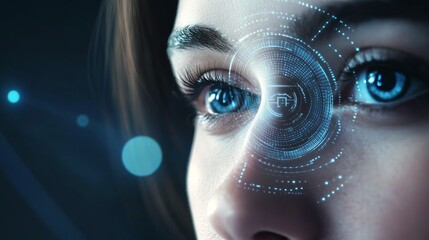 Close up of a woman's eye with a digital interface overlay and bokeh lights in the background