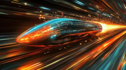 Fototapeta premium Futuristic high-speed train with dynamic motion and colorful light streaks