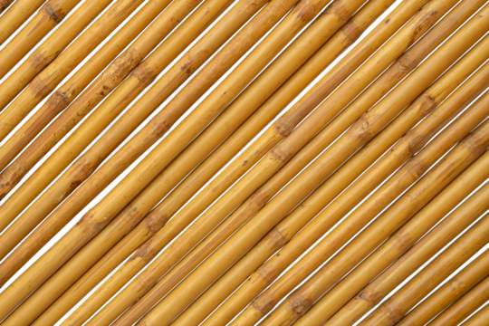 Brown bamboo is arranged diagonally to make a fence, hut or wall of a rural house isolated on white background.