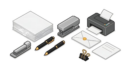 Isometric illustration of office supplies including paper printer stapler pens and binder clip