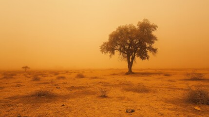 Fototapeta premium Solitary tree in arid desert landscape during dust storm with sepia tones