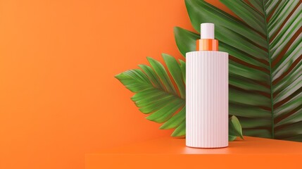 A sleek white bottle with orange cap positioned against a vibrant orange backdrop with green leaves