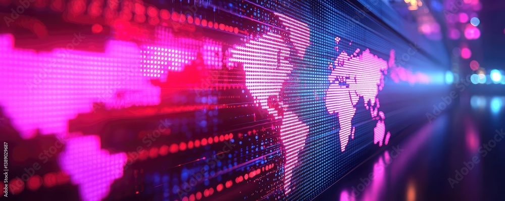 Poster Cargo ship in harbor with global shipping logistic concept. Vibrant digital world map displaying data and connections.