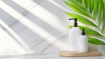 Two elegant white cosmetic bottles on a wooden tray with lush green leaves against a marble backdrop