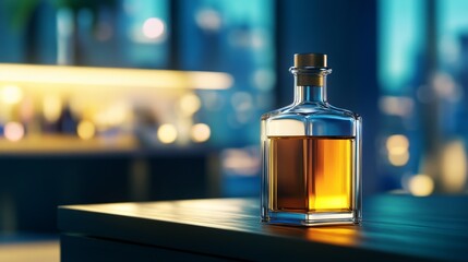 Elegant glass bottle of whiskey on a wooden table with blurred bar background at night