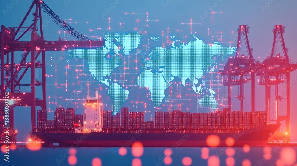 Poster Cargo ship in harbor with global shipping logistic concept. Modern shipping port with digital map and containers.