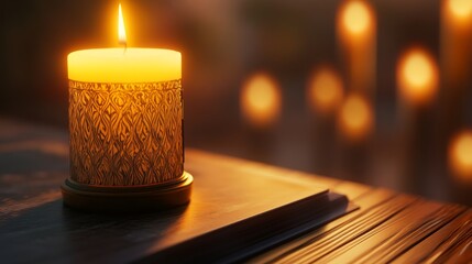 A warm, glowing candle on a wooden surface, surrounded by soft candlelight in a serene setting