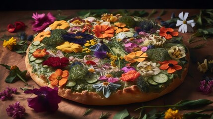 Fototapeta premium Floral pizza art featuring edible flowers and fresh herbs on wooden surface