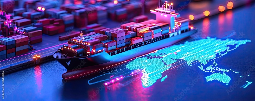 Poster cargo ship in harbor with global shipping logistic concept. vibrant shipping container ship on illum