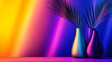 Vibrant abstract background featuring two vases with palm leaves, showcasing colorful light effects