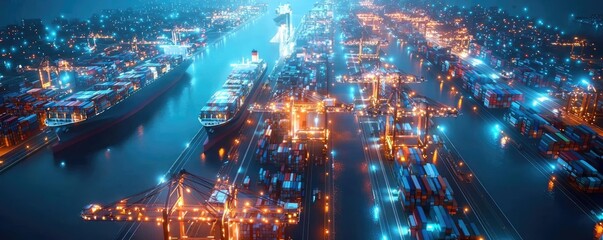 Obraz premium Cargo ship in harbor managing global logistic transportation concept. Aerial view of a vibrant, illuminated shipping port at night.