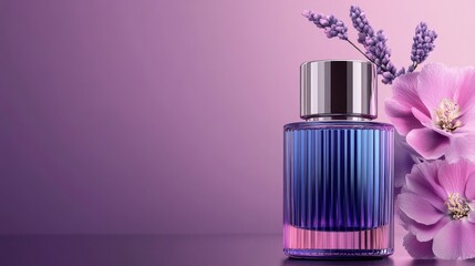 Elegant perfume bottle surrounded by lavender and pink flowers on a soft purple background