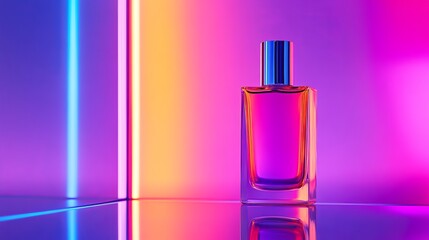 Vibrant perfume bottle illuminated by colorful neon lights on a reflective surface