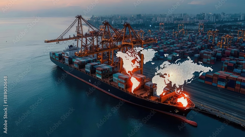 Poster cargo ship in harbor with global shipping logistic concept. aerial view of a cargo ship navigating g