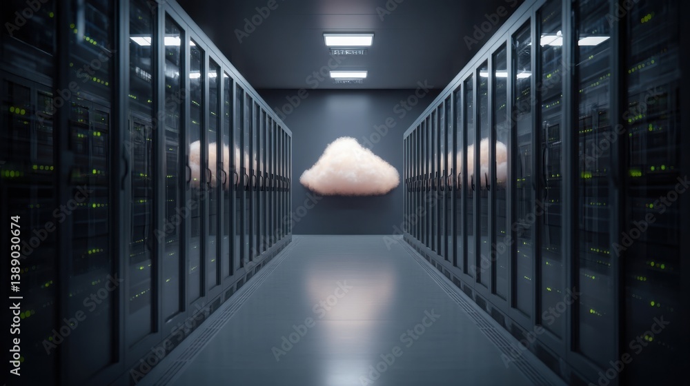 Poster modern server room featuring cloud architecture for building virtual server solutions and data manag