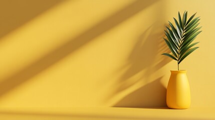 A vibrant yellow vase with a green plant against a sunny yellow wall, casting shadows