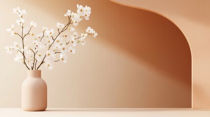 Elegant vase with white blossoms against a soft peach background, creating a serene atmosphere