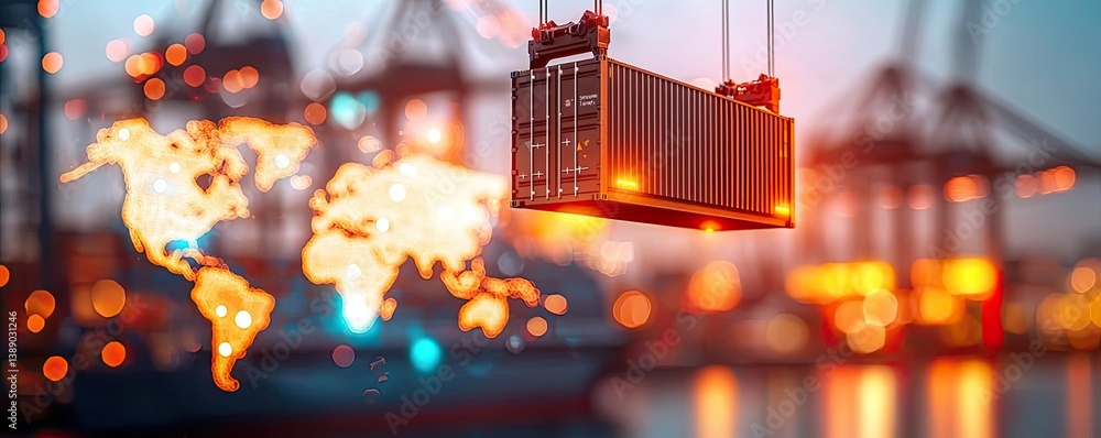 Poster Cargo ship in harbor with global shipping logistic concept. Container being loaded at a bustling shipping port.