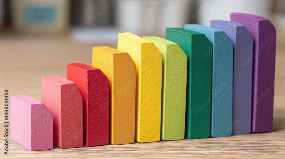 Poster colorful rainbow colored wooden block with diverse shapes and patterns arranged in a creative and ar