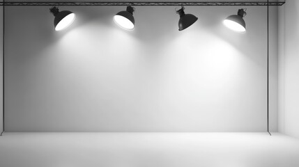 Minimalist studio space with three overhead lights illuminating a blank wall and floor