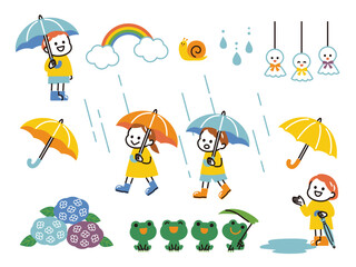 simple illustration of kids and rainy season