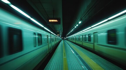 Obraz premium High-speed train departing platform with fluorescent lights in modern underground station