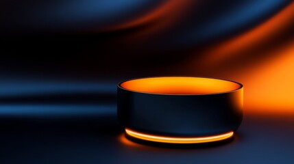 A sleek, modern bowl illuminated with vibrant orange light against a dark, flowing backdrop